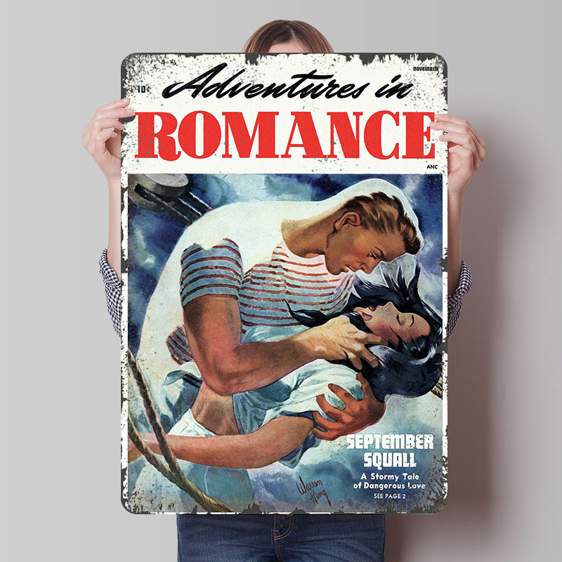 Retro Gaming At Home - Póster de metal ADVENTURES IN ROMANCE,